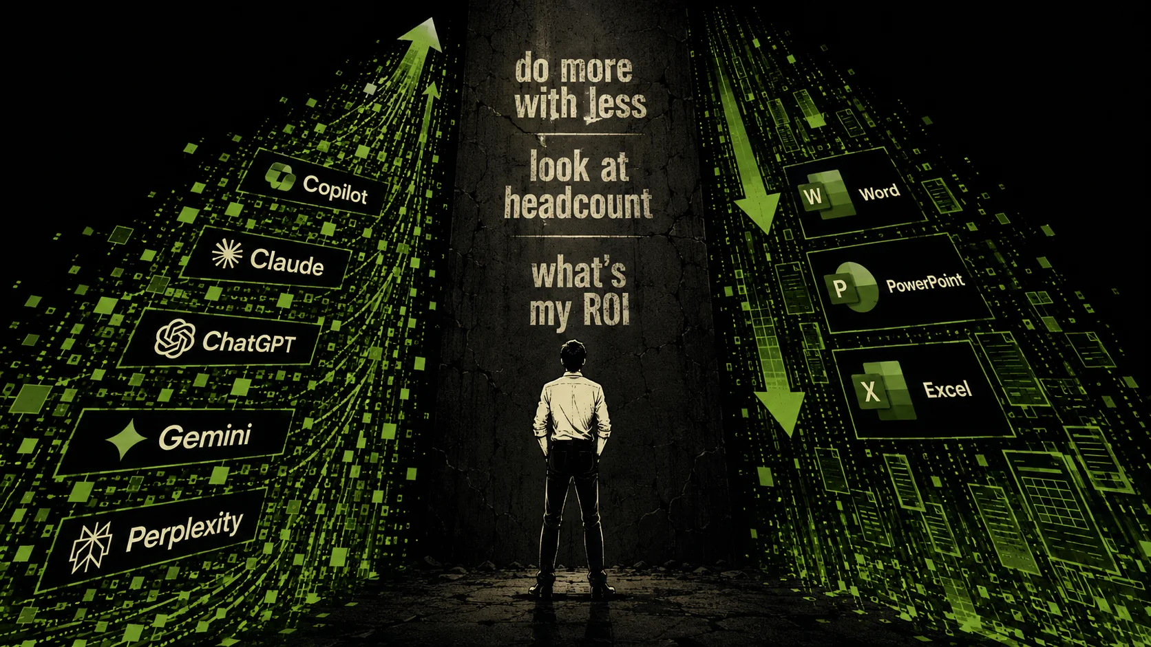 A lone office worker standing between two converging walls: AI tools pressing in from one side, Word, PowerPoint and Excel from the other, under demands to do more with less.